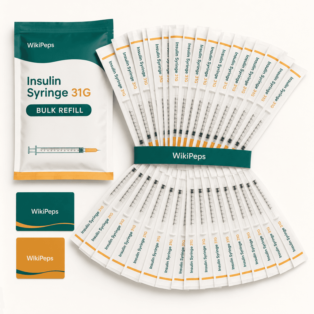 The WikiPeps Syringe Refill — a bulk pack of sterile insulin syringes on a clean surface