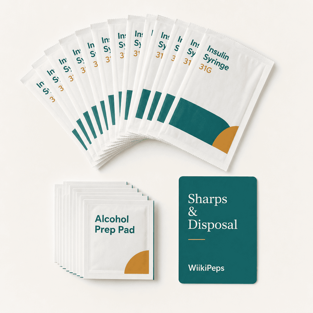 The WikiPeps Starter Kit — sterile insulin syringes, alcohol prep pads, and a sharps & disposal reference card laid out on a clean surface